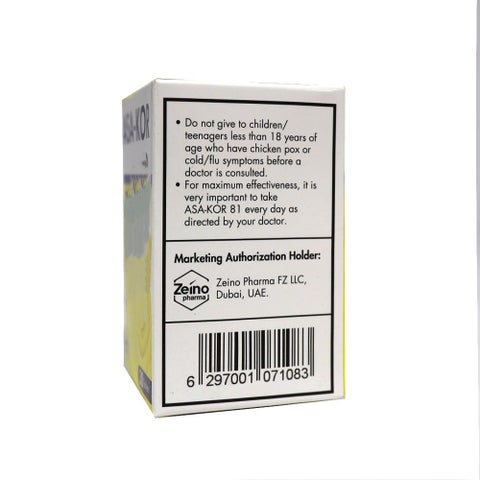 Zeino Pharma Asa-Kor Aspirin 81mg Enteric Coated Tablets, Pack of 30's