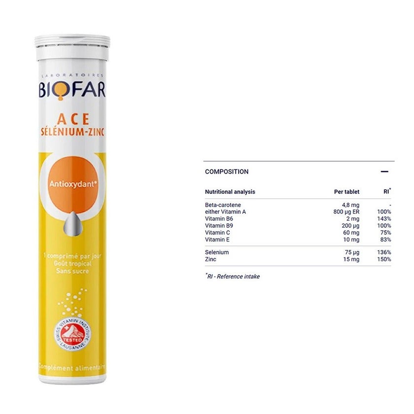 Biofar Vital ACE Selenium-Zinc Antioxidant Effervescent Tablets, Tropical Flavor, Pack of 20's