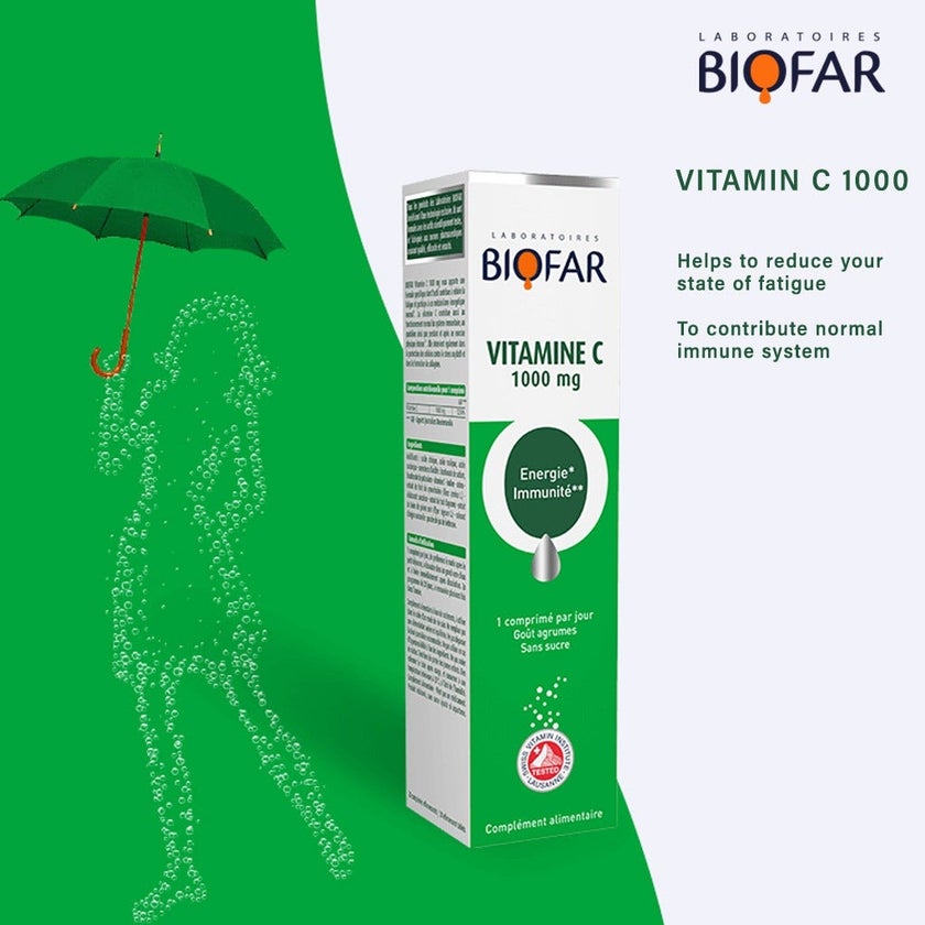 Biofar Vital Vitamin C 1000mg Effervescent Tablets For energy and Immunity, Citrus Flavor, Pack of 20's