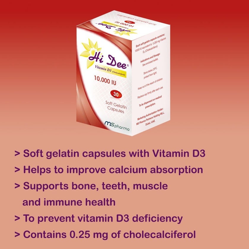 Hi Dee Vitamin D3 10000IU Soft Gelatin Capsules, Pack of 30's