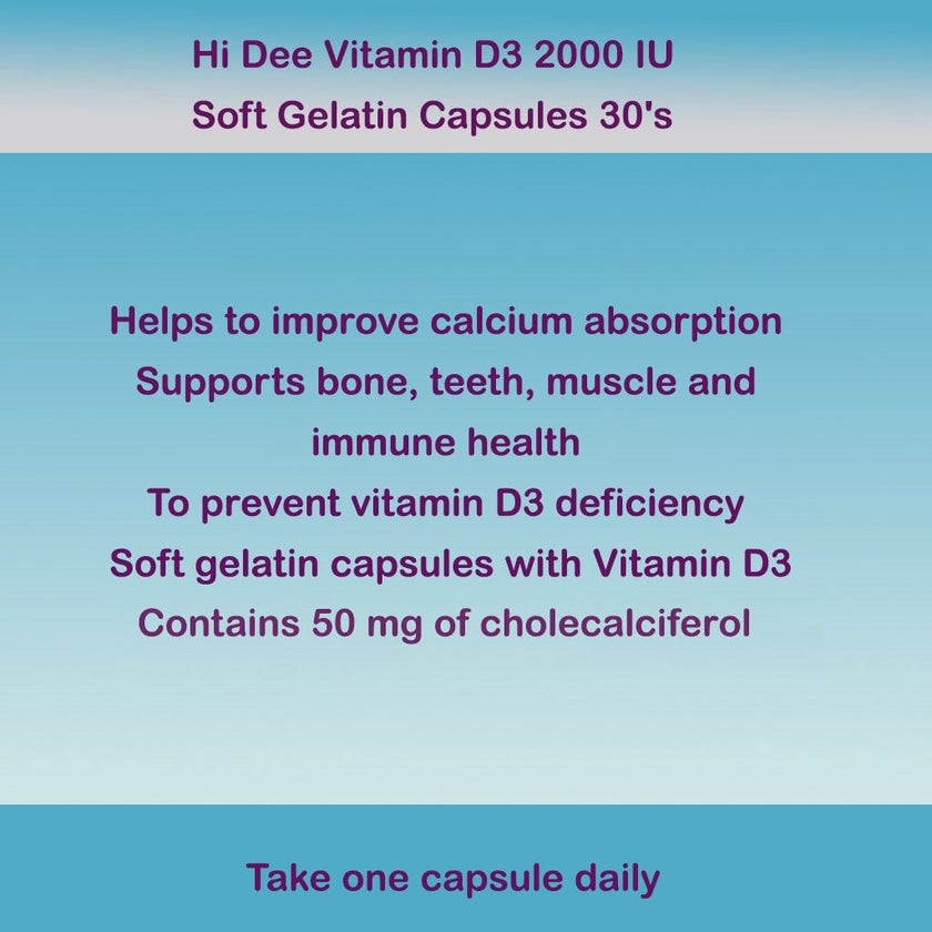 Hi Dee Vitamin D3 2000IU Soft Gelatin Capsules, Pack of 30's