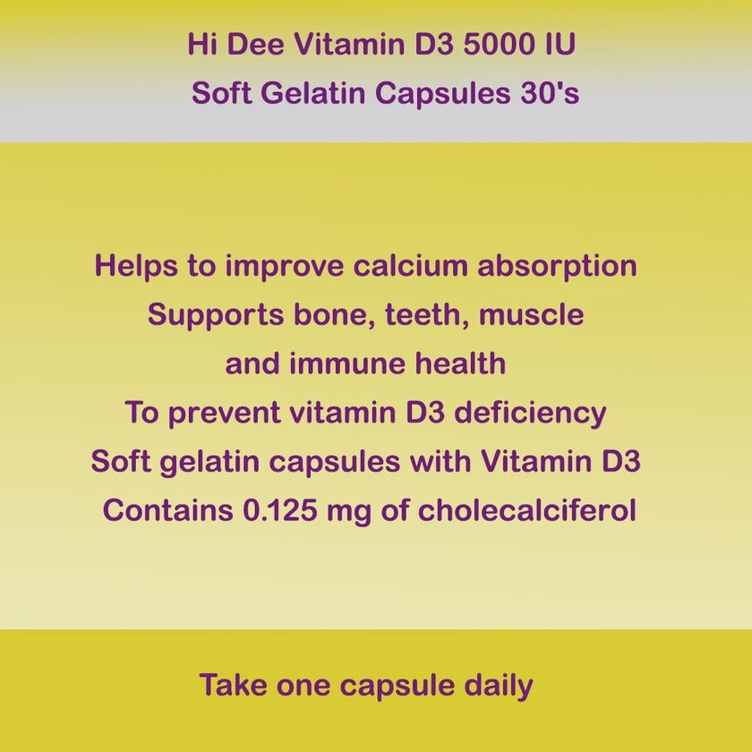 Hi Dee Vitamin D3 5000IU Soft Gelatin Capsules, Pack of 30's