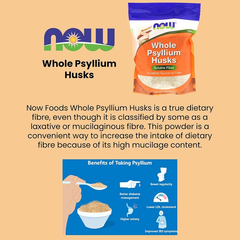 Now Whole Psyllium Husk Soluble Fiber Supplement Powder 454g