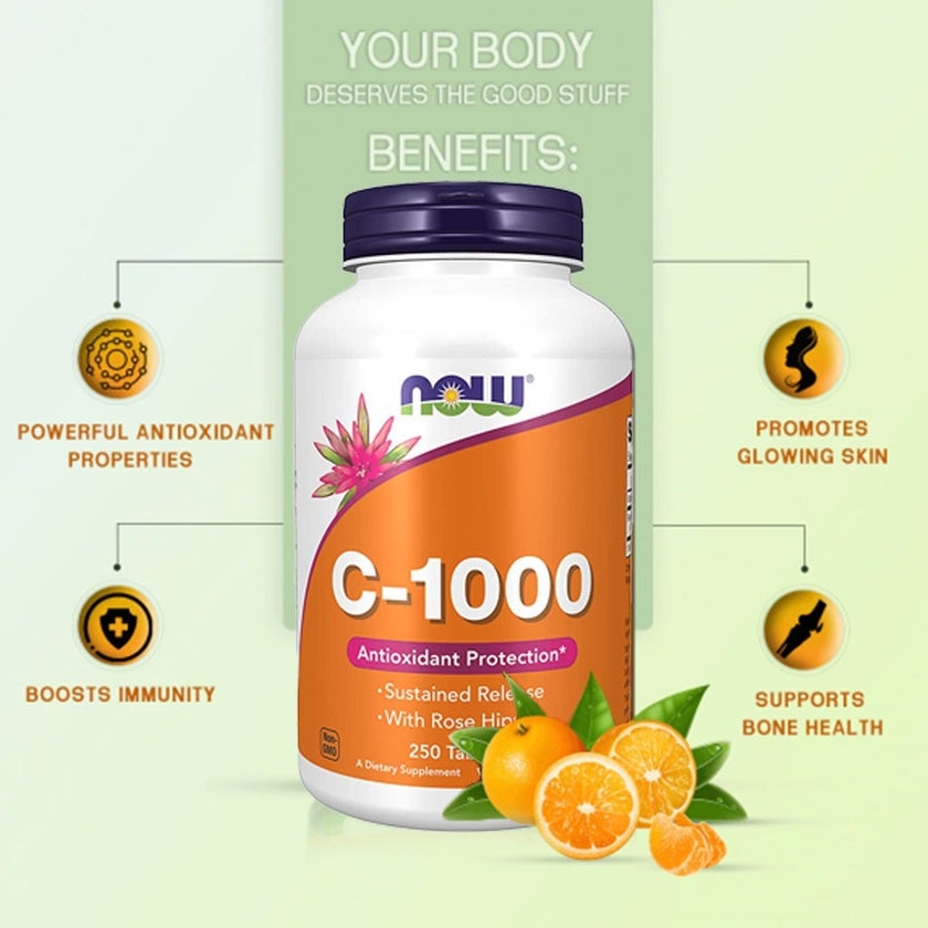 Now Vitamin C 1000mg Sustained Release Tablets With Rose Hips For Antioxidant Protection & Immune Support, Pack of 250's