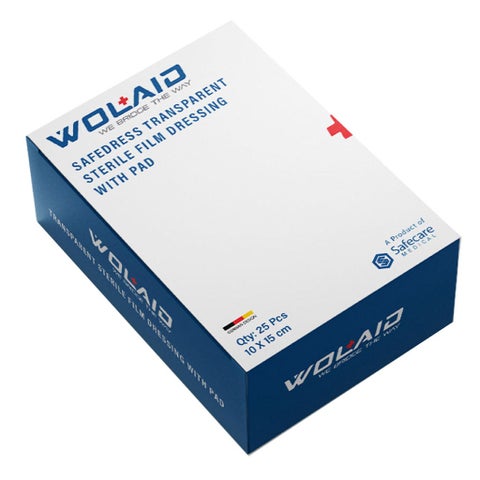 Wolaid Safedress Transparent Sterile Film Dressing With Pad 10 x 15cm, Pack of 25's
