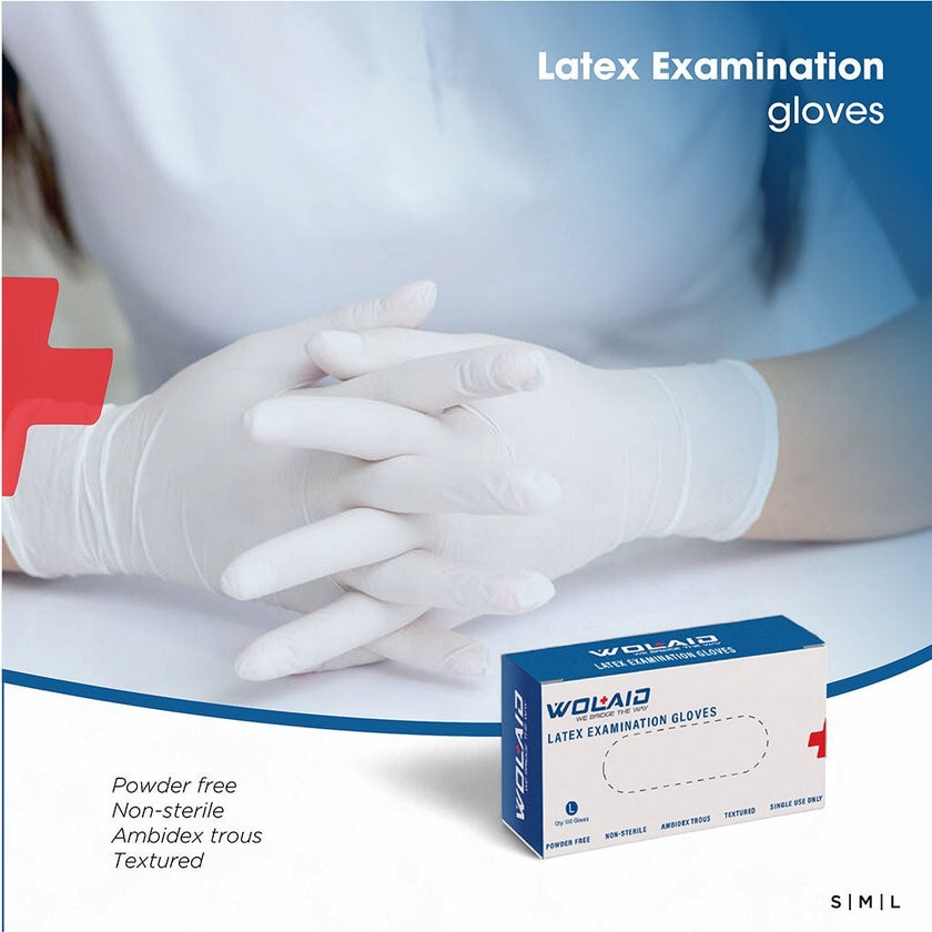 Wolaid Latex Examination Powder Free Hand Gloves Small Size, Pack of 100’s