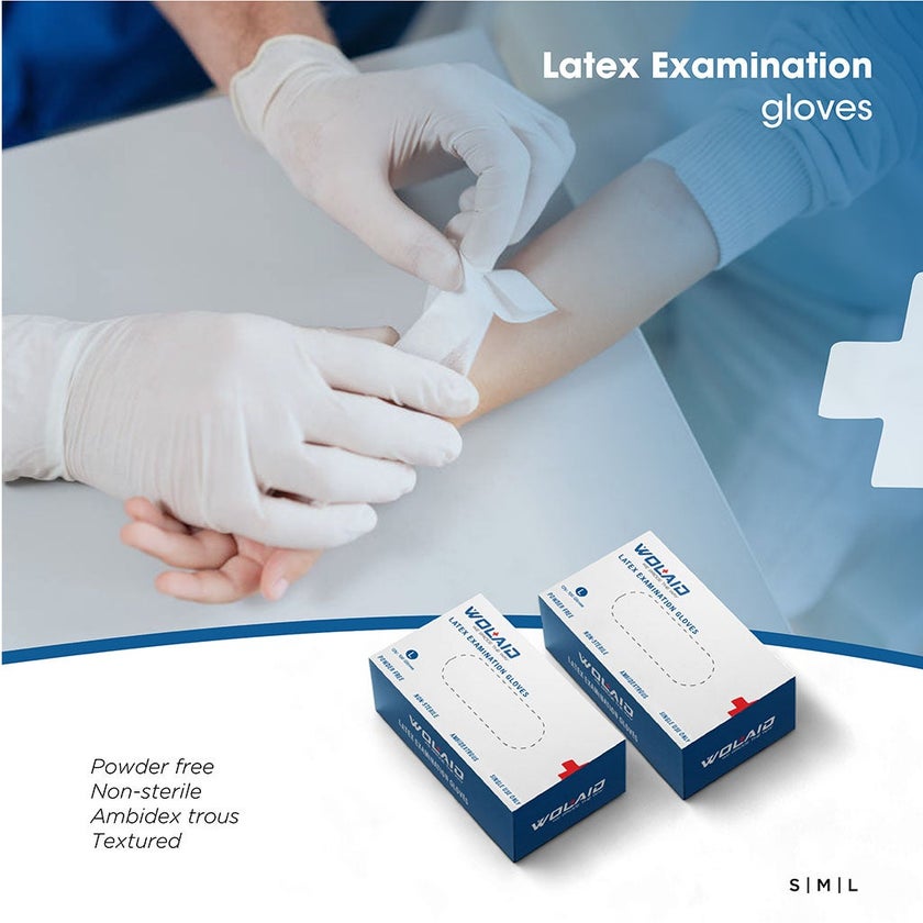 Wolaid Latex Examination Powder Free Hand Gloves Large Size, Pack of 100’s