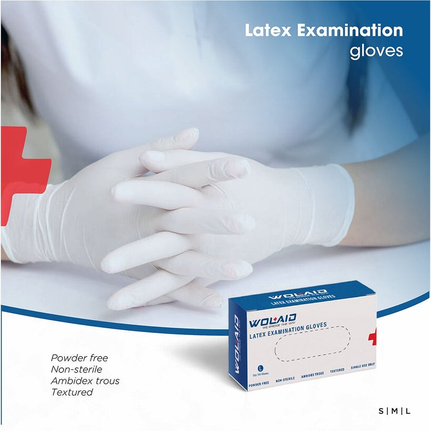 Wolaid Latex Examination Powder Free Hand Gloves Large Size, Pack of 100’s