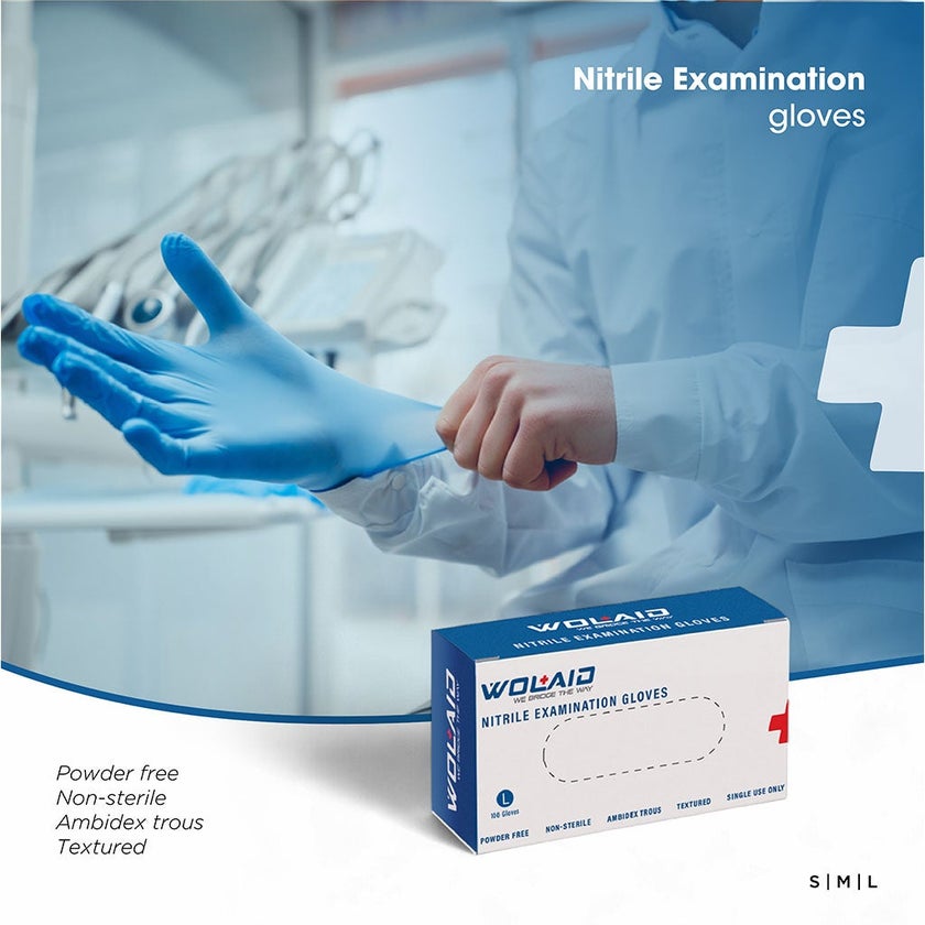 Wolaid Nitrile Examination Powder Free Hand Gloves Large Size, Pack of 100’s 
