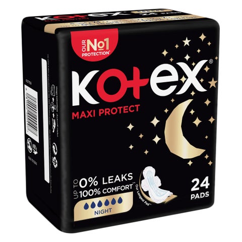 Kotex Maxi Protect Thick Sanitary Pads With Wings For Overnight Protection, Pack of 24's