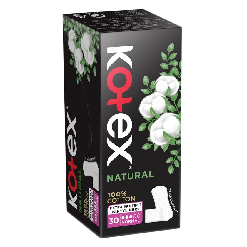 Kotex Natural Panty Liners Made Of 100% Cotton For Extra Protection, Normal Size, Pack of 30's