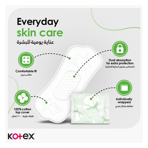فوط صحية يومية طبيعية كوتكس، قطن 100% لحماية إضافية، مقاس عادي، 54 قطعة
