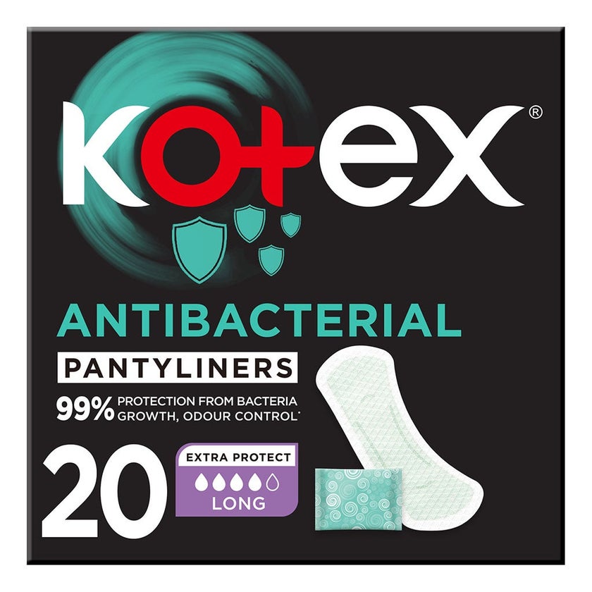 Kotex Antibacterial Daily Panty Liners For 99% Protection from Bacteria, Scented, Long Size, Pack of 20's