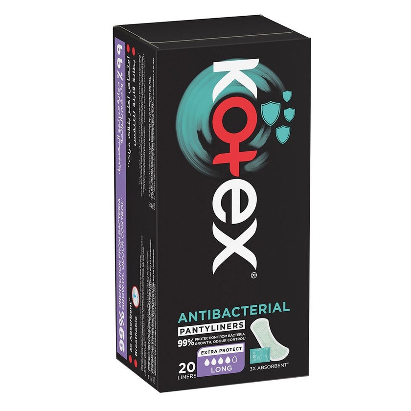 Kotex Antibacterial Daily Panty Liners For 99% Protection from Bacteria, Scented, Long Size, Pack of 20's