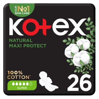 Kotex Natural Maxi Protect Thick 100% Cotton Pad With Wings, Super Size, Pack of 26's