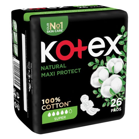 Kotex Natural Maxi Protect Thick 100% Cotton Pad With Wings, Super Size, Pack of 26's