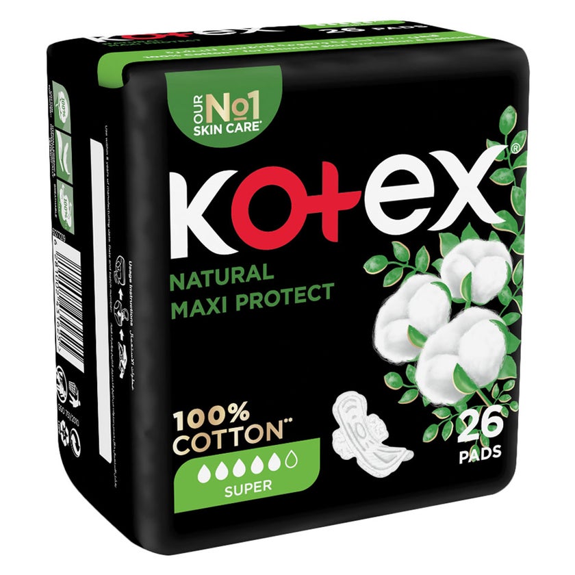 Kotex Natural Maxi Protect Thick 100% Cotton Pad With Wings, Super Size, Pack of 26's