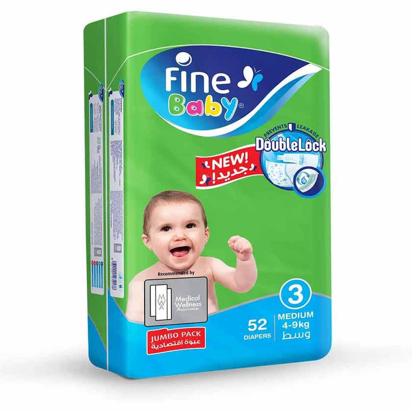 Fine Baby Double Lock Medium Diapers Size 3, 4-9kg, Pack of 52's