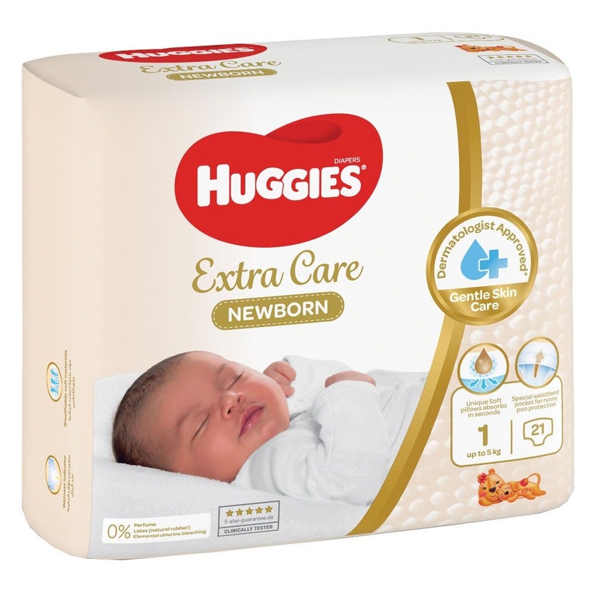 Huggies Extra Care Newborn Diapers, Size 1, Up to 5Kg, Pack of 21's