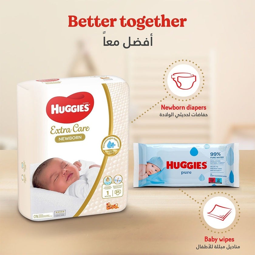 Huggies Extra Care Newborn Diapers, Size 2, 4-6Kg, Jumbo Pack of 64's