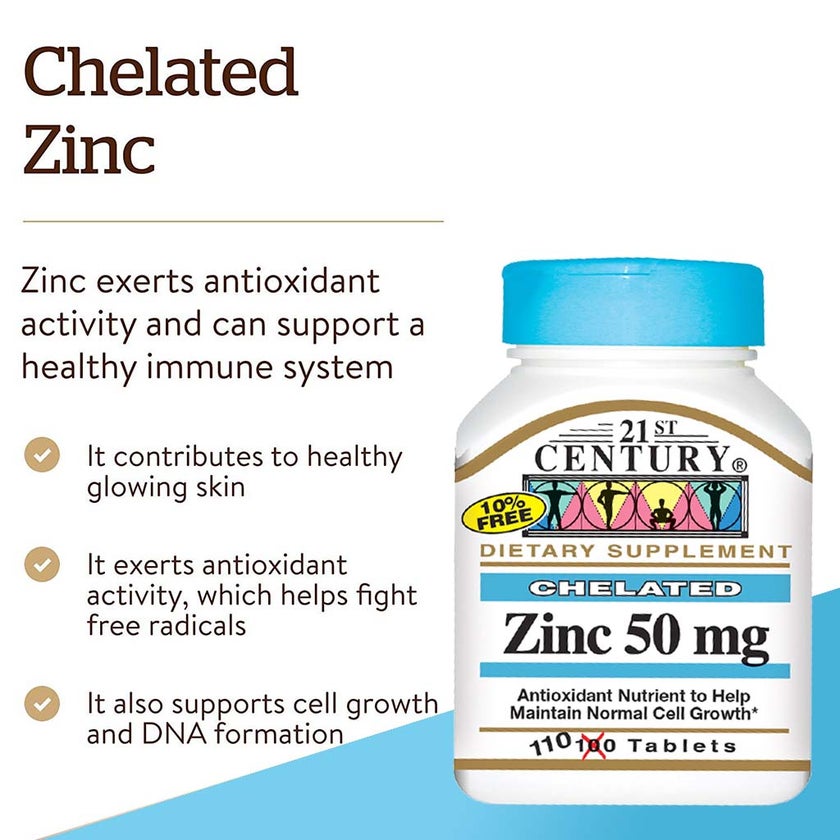 21st Century 50mg Chelated Zinc Tablets For Antioxidant Support, Pack of 110's