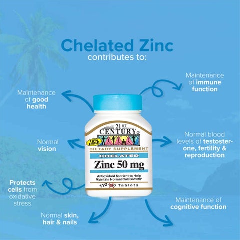 21st Century 50mg Chelated Zinc Tablets For Antioxidant Support, Pack of 110's