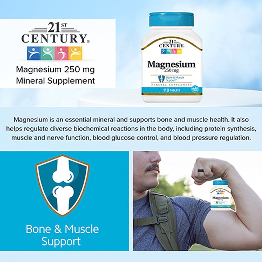 21st Century Magnesium 250mg Gluten-Free Tablets For Bone & Muscle Support, Pack of 110's
