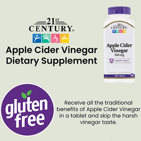 21st Century Apple Cider Vinegar 300mg Tablets For Detoxification & Metabolism Support, Pack of 250's