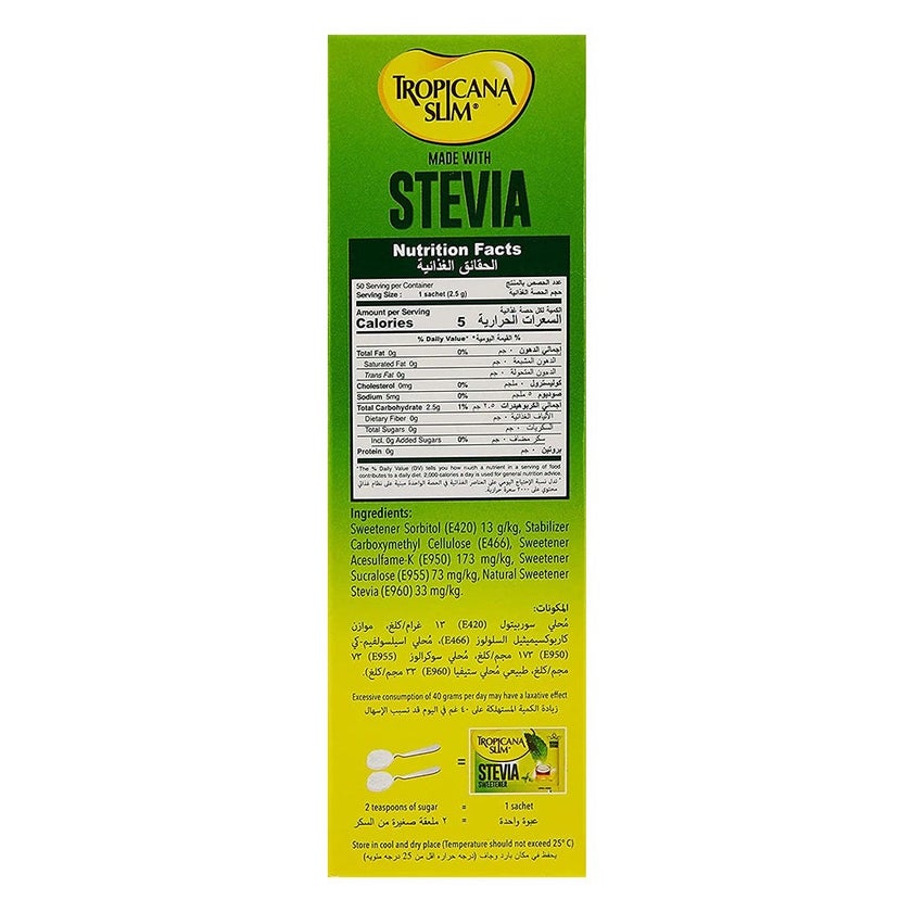Tropicana Slim Made With Stevia Sweetener Sachets 2.5g, Pack of 50's