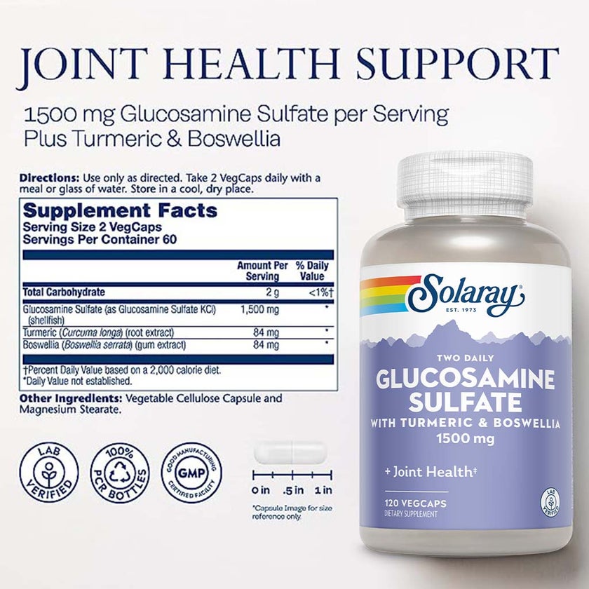 Solaray Glucosamine Sulfate 1500mg with Turmeric & Boswellia Veg Capsules, Pack of 120's