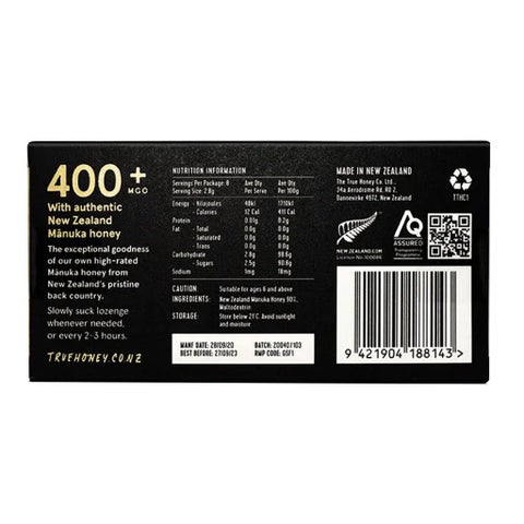 The True Honey Co. 400+ MGO 13+ UMF Manuka Honey Lozenges 2.8g, Pack of 8's