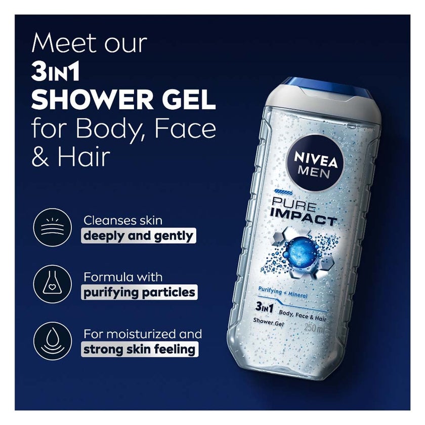 Nivea Men Pure Impact 3 in 1 Face, Body & Hair Shower Gel 250ml