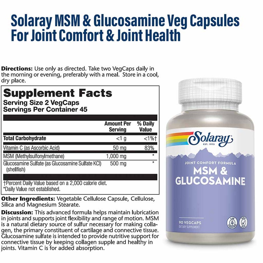 Solaray MSM & Glucosamine Veg Capsules For Joint Comfort & Joint Health, Pack of 90's