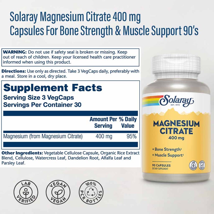 Solaray Magnesium Citrate 400mg Capsules For Bone Strength & Muscle Support, Pack of 90's
