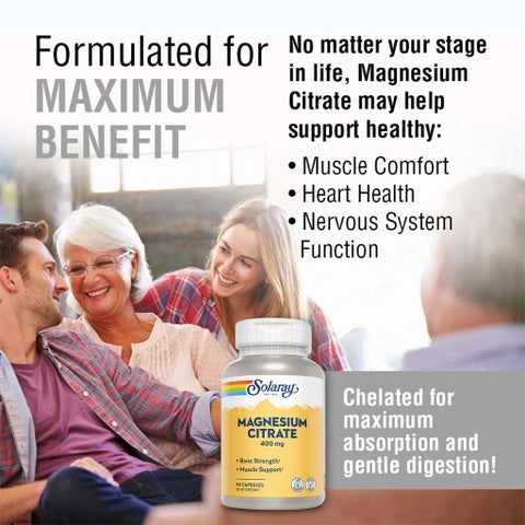 Solaray Magnesium Citrate 400mg, Bone & Muscle Strength - 90 Capsules