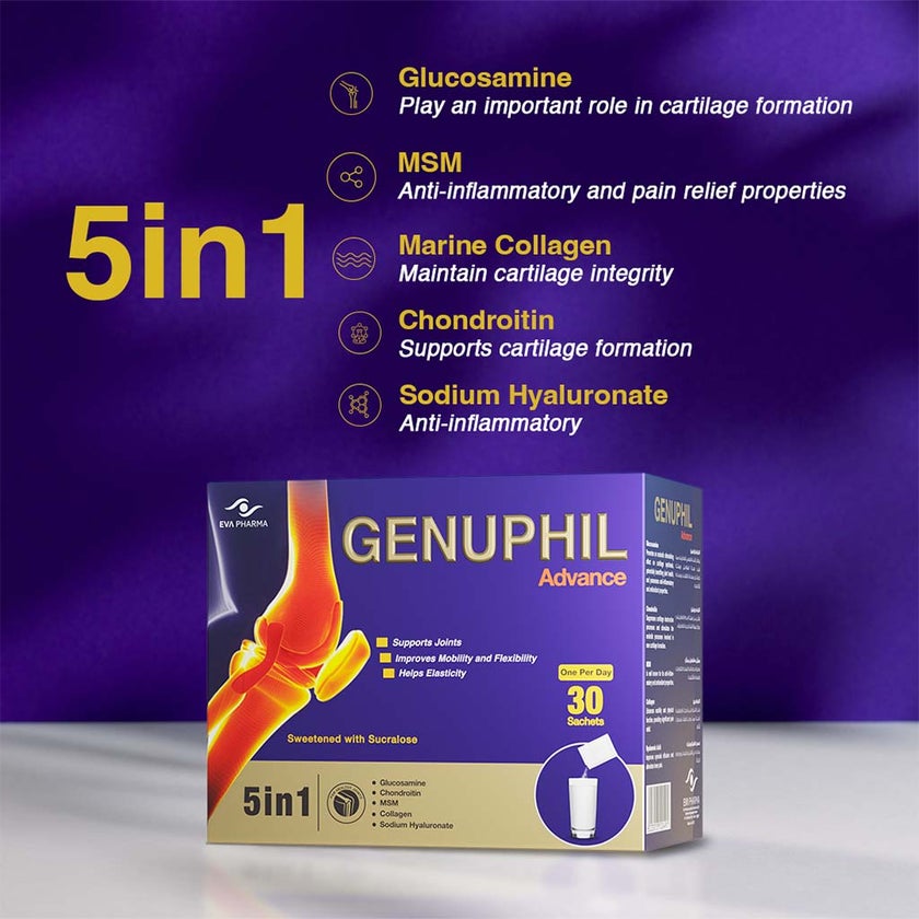 Eva Pharma Genuphil Advance 5-In-One Oral Powder Sachets For Healthy Joints, Pack of 30's