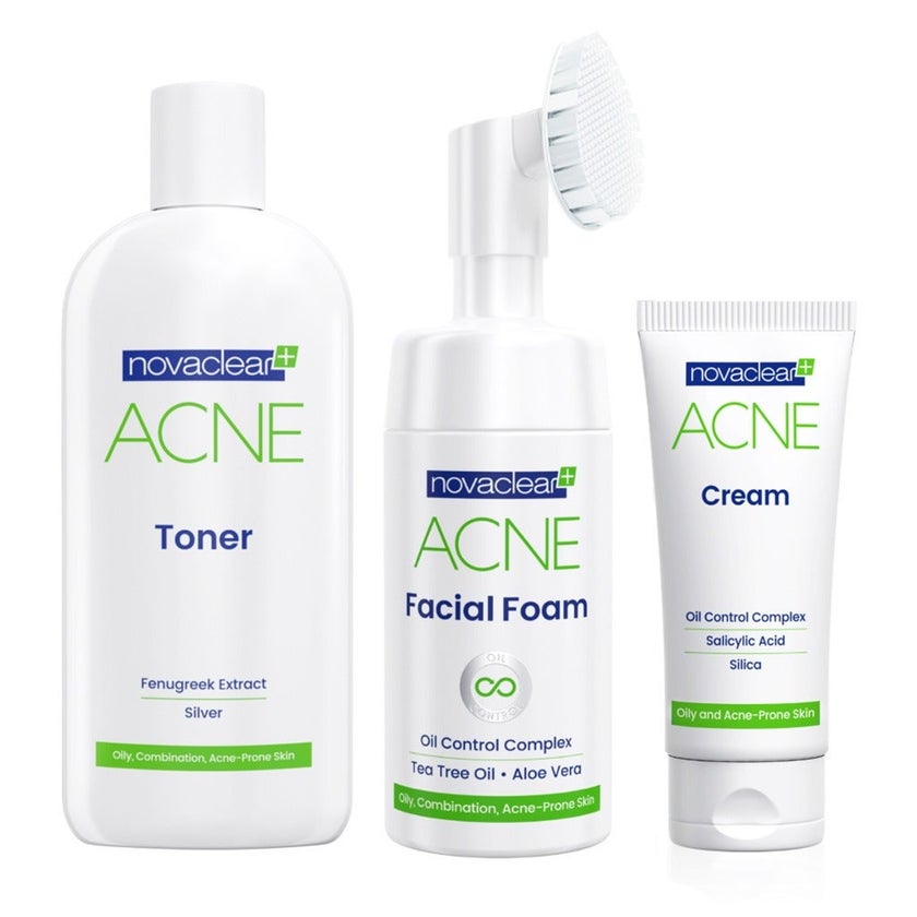 Novaclear Acne Kit With Acne Facial Foam 100ml + Acne Toner 150ml + Acne Cream For Oily, Combination & Acne-Prone Skin 40ml