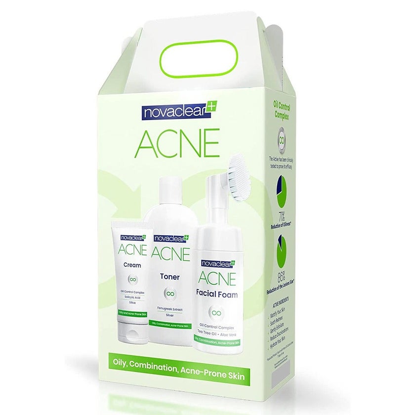 Novaclear Acne Kit With Acne Facial Foam 100ml + Acne Toner 150ml + Acne Cream For Oily, Combination & Acne-Prone Skin 40ml