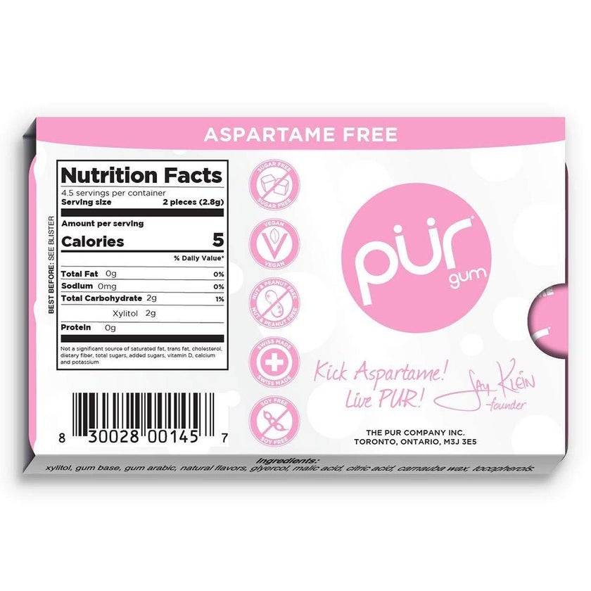 Pur Aspartame & Sugar Free Bubble Gum With Xylitol 9 Pieces