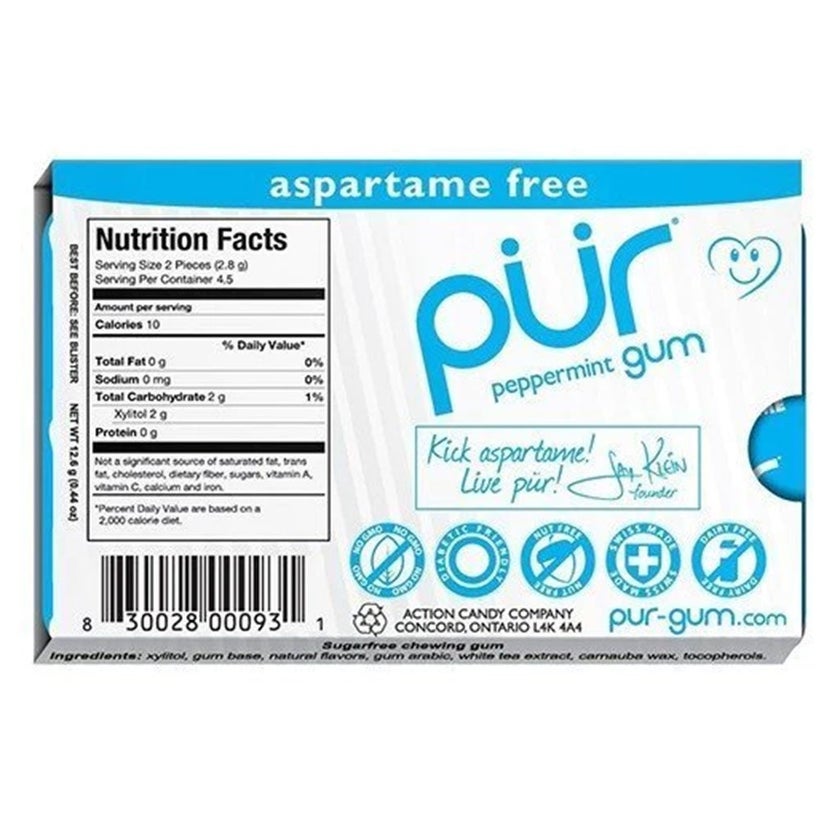 Pur Aspartame & Sugar Free Peppermint Chewing Gum With Xylitol 9 Pieces