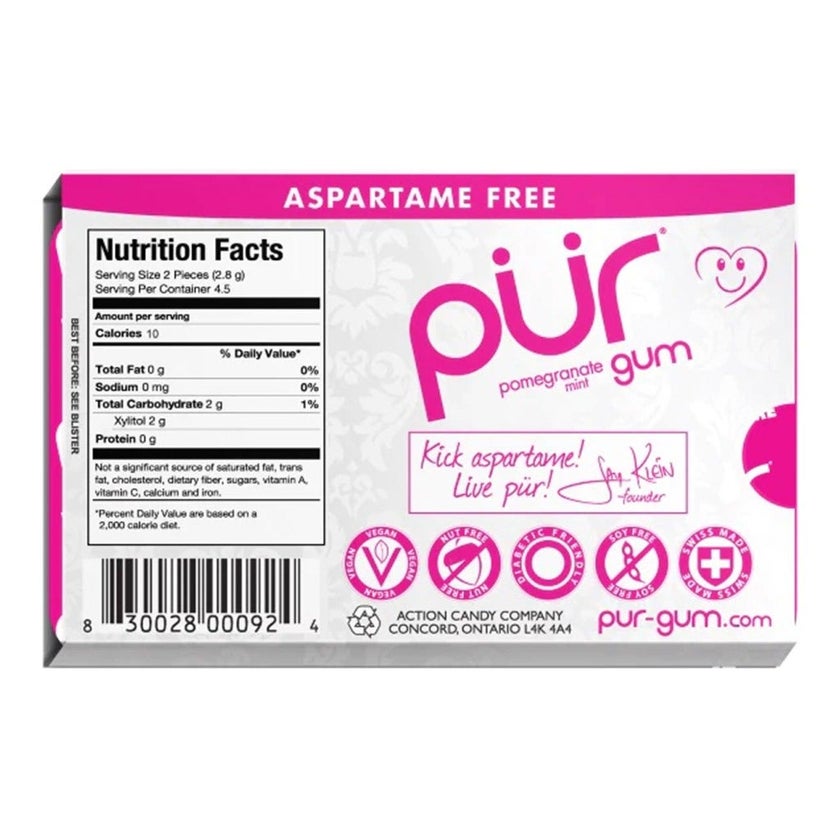 Pur Aspartame & Sugar Free Pomegranate Chewing Gum With Xylitol 9 Pieces