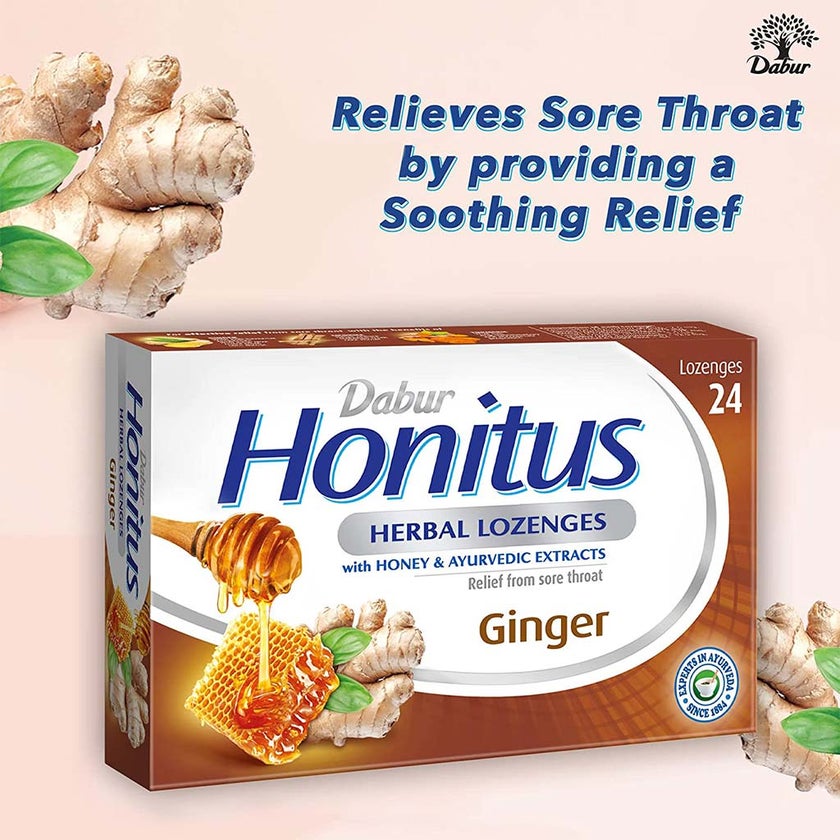 Dabur Honitus Herbal Lozenges Ginger With Honey & Ayurvedic Extracts, Pack of 24's