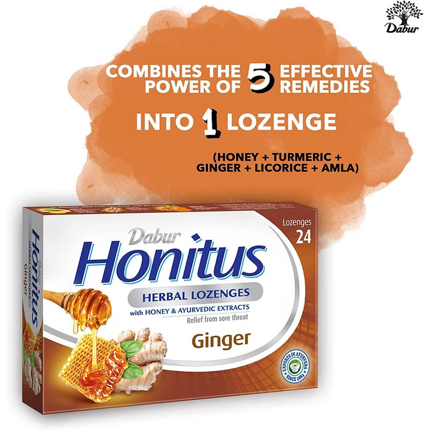 Dabur Honitus Herbal Lozenges Ginger With Honey & Ayurvedic Extracts, Pack of 24's
