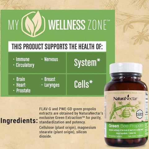 NaturaNectar Green Bee Propolis Vegetable Capsule For Brain, Heart & Immune Support, Pack of 60's