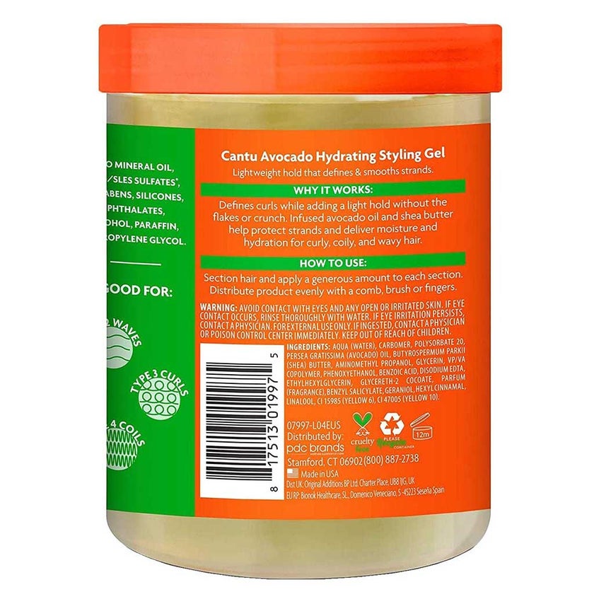 Cantu Avocado Hydrating Hair Styling Gel For Natural Curls, Coils & Waxes 524g