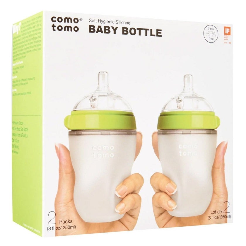 Comotomo Soft Hygienic Silicone Natural Feel Baby Feeding Bottle Green/White 250ml, Pack of 2's