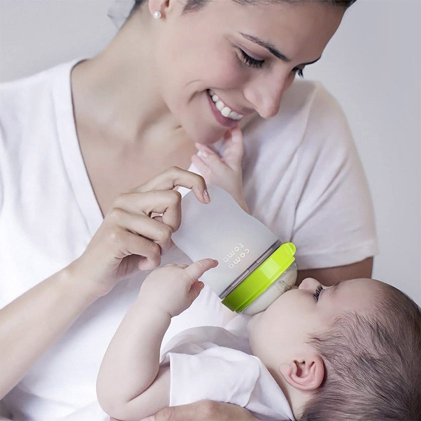 Comotomo Soft Hygienic Silicone Natural Feel Baby Feeding Bottle Green/White 250ml, Pack of 2's