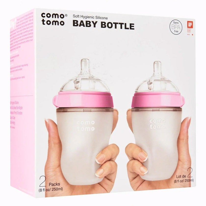 Comotomo Soft Hygienic Silicone Natural Feel Baby Feeding Bottle Pink/White 250ml, Pack of 2's
