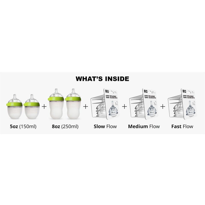Comotomo Baby Feeding Bottles With Replacement Silicone Nipples-Green, Bundle Pack of 10 Pieces