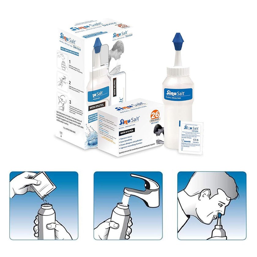 Sinusalt Nasal Irrigation Device & Salt + Xylitol 26 Dosed Sachets For Nasal Cleaning